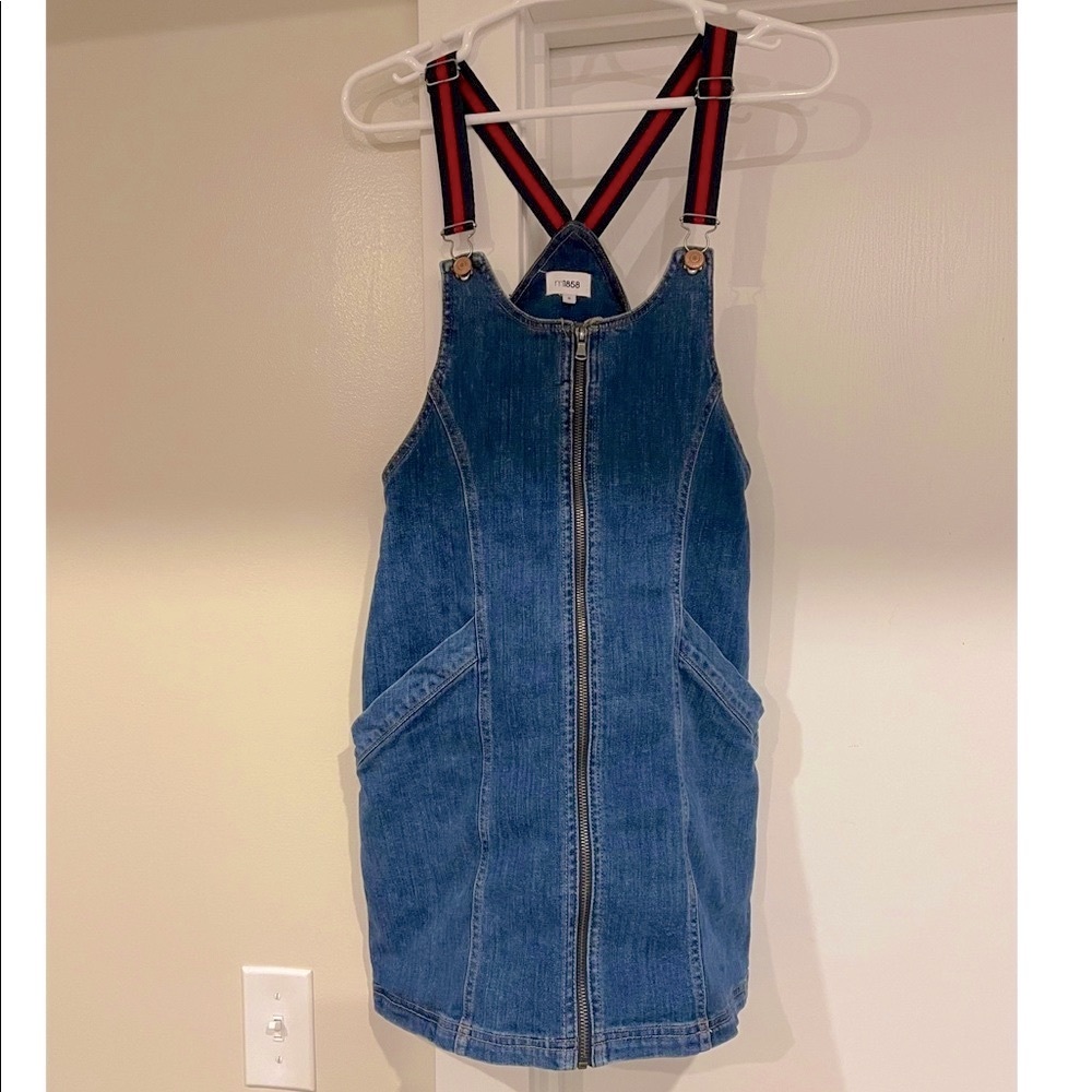 Blue denim overalls dress zipper front red racer elasticated